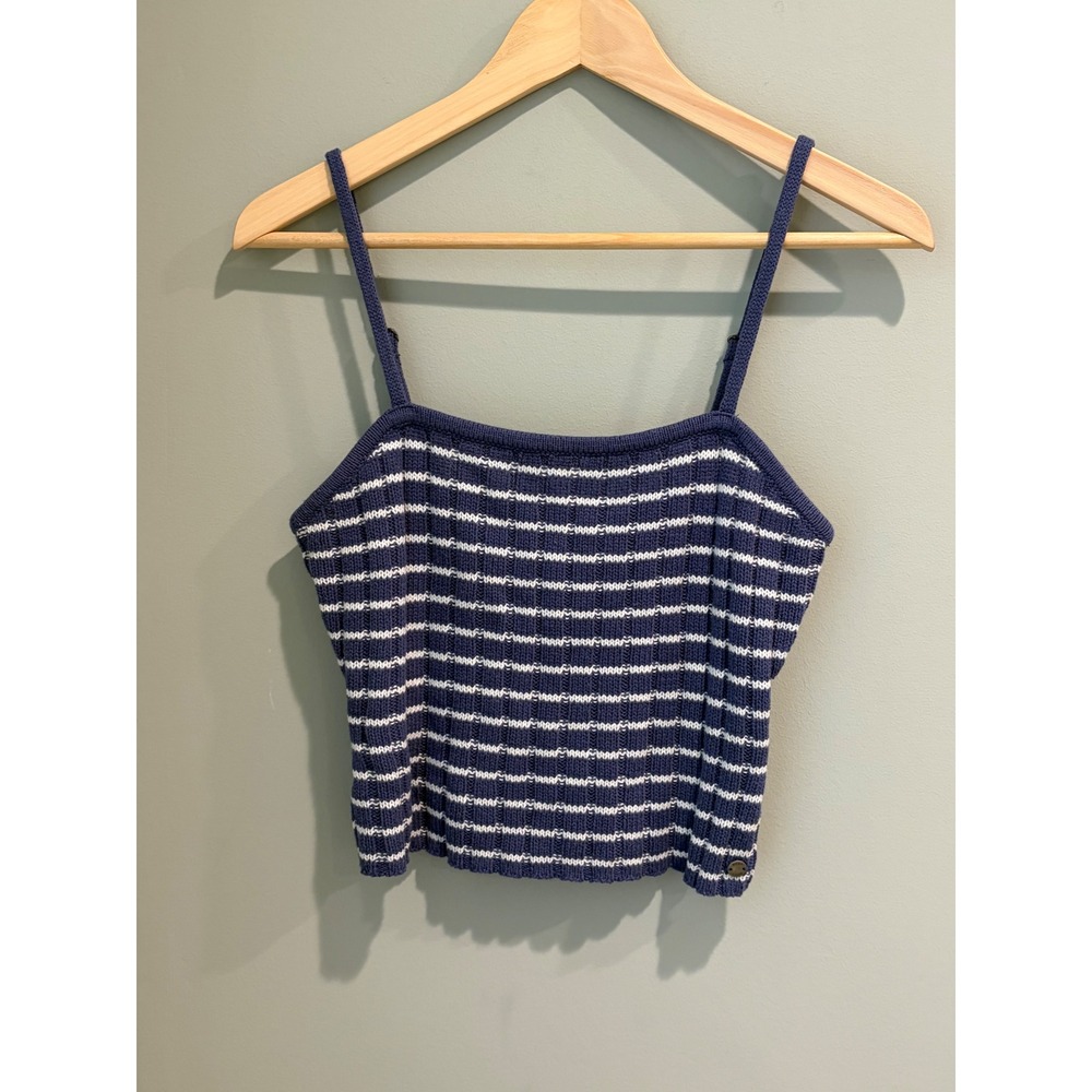 Roxy Blue White Striped Ribbed Knit Cami Crop Top Adjustable‎ Straps Small
